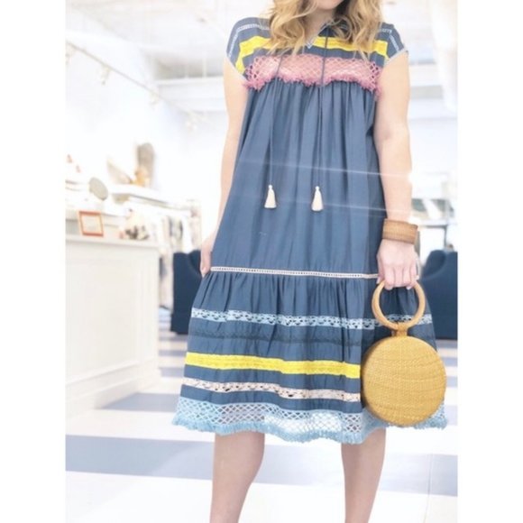 Free People Crochet Lace Boho Midi Dress Blue Pink - Picture 3 of 9